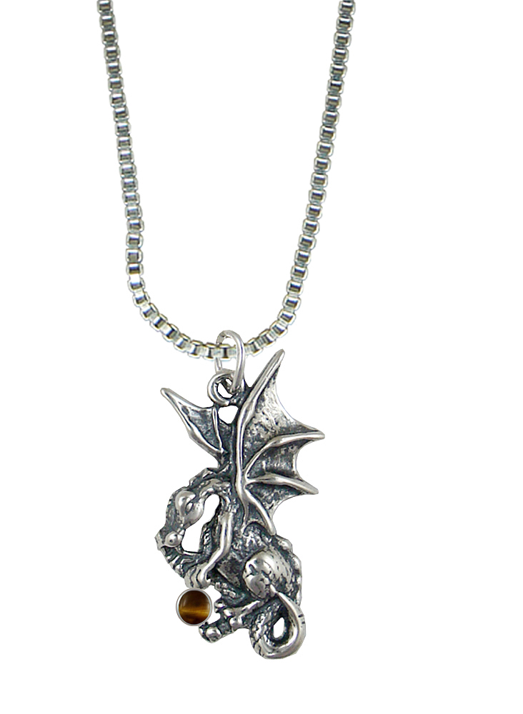 Sterling Silver Playful Dragon Pendant With Tiger Eye